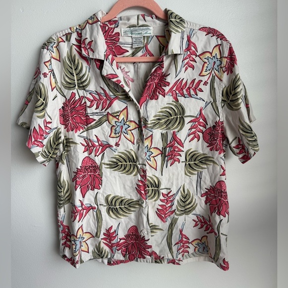 Pineapple Moon 100% Silk Vintage Tropical Pink Floral Button-Down Shirt Size L - Picture 1 of 5
